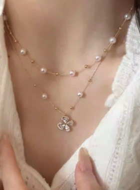 18K真金电镀锆石蝴蝶结珍珠项链