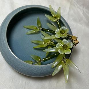 子规 原创绿竹对夹汉服发饰小绿花儿童发夹清冷百搭日常发饰