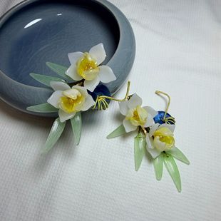 子规 原创手工水仙花朵琉璃发簪女古风发夹可爱对夹