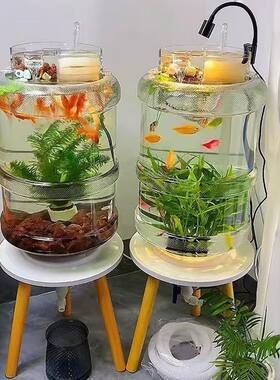 纯净水桶养鱼底部排水鱼缸圆柱形改装生态鱼缸手工创意观赏落地式
