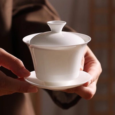 薄胎骨瓷马蹄三才盖碗不烫手茶碗