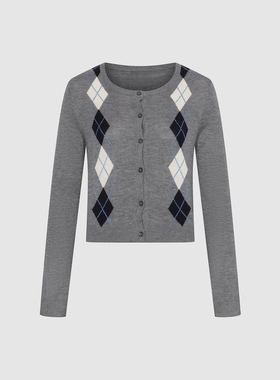 2025秋季新款女装休闲学院风撞色菱格纹针织开衫UYL950220