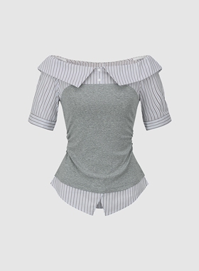 2026春季新款女装都市一字领假两件条纹罩衫衬衫UYU260035#