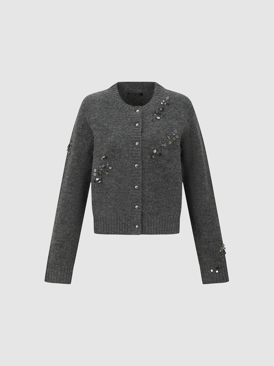 2025新款灰色毛衣流光手工亮片钉珠垫肩圆领针织开衫秋季外套