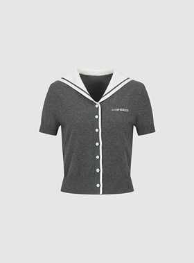 SHampUR2026春季新款女装休闲学院风海军领针织开衫UYY950014