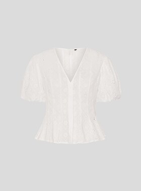 SHampUR2026夏季新款提花V领女装都市摩登泡泡袖短款衬衫UYU26005