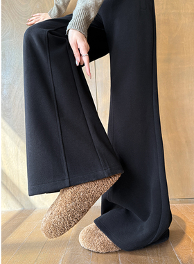 加绒加厚微喇裤子女秋冬2025新款高腰休闲显瘦黑色羊毛呢糯米长裤