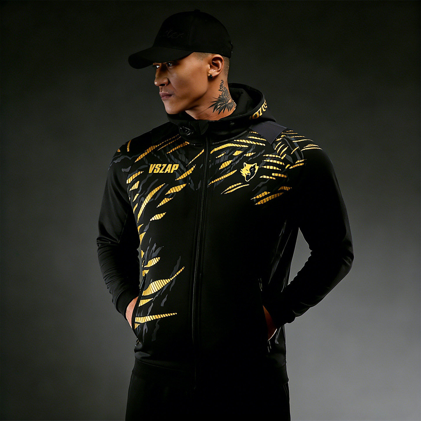 VSZAP男士时尚潮流帅气外套休闲健身运动卫衣黑金色连帽秋冬男装