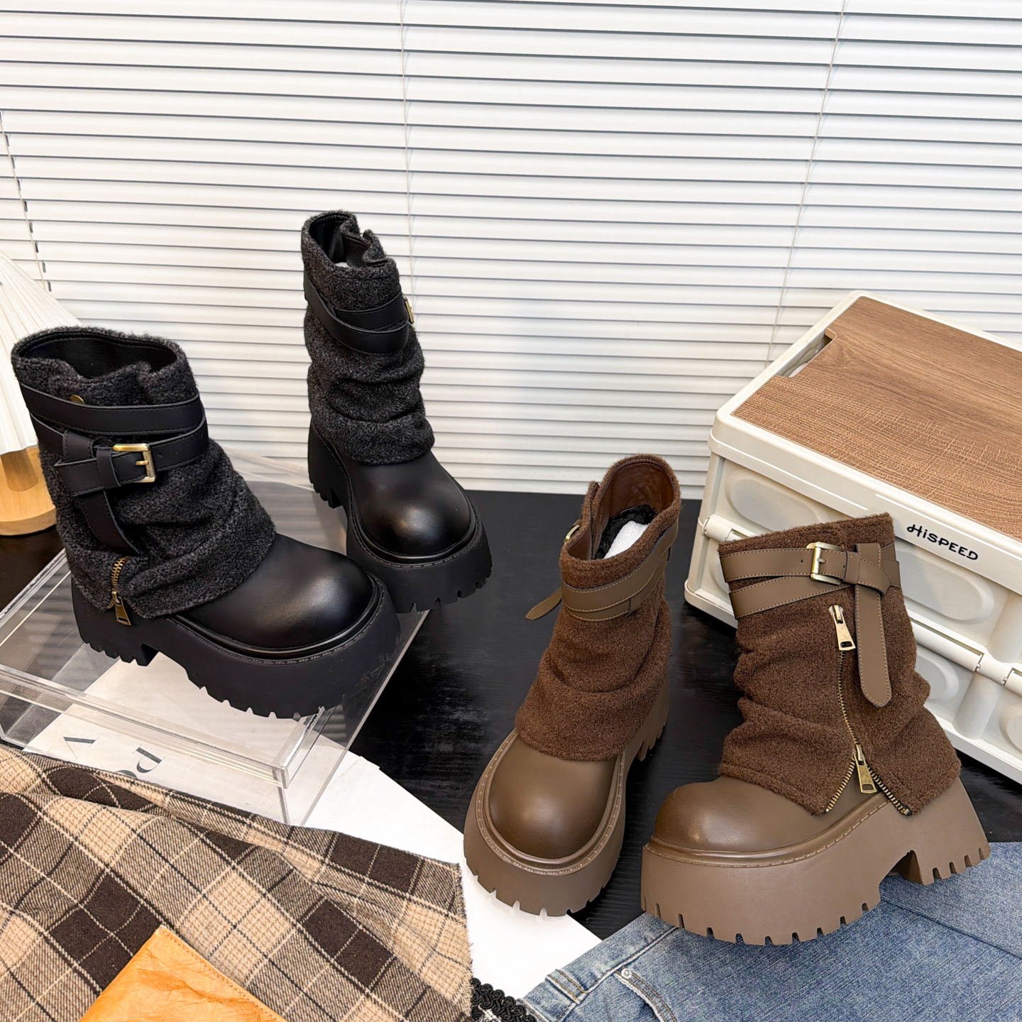 日本OFFCAT毛呢金属扣拉链厚底松糕褶皱堆堆靴女裤管马丁靴机车靴