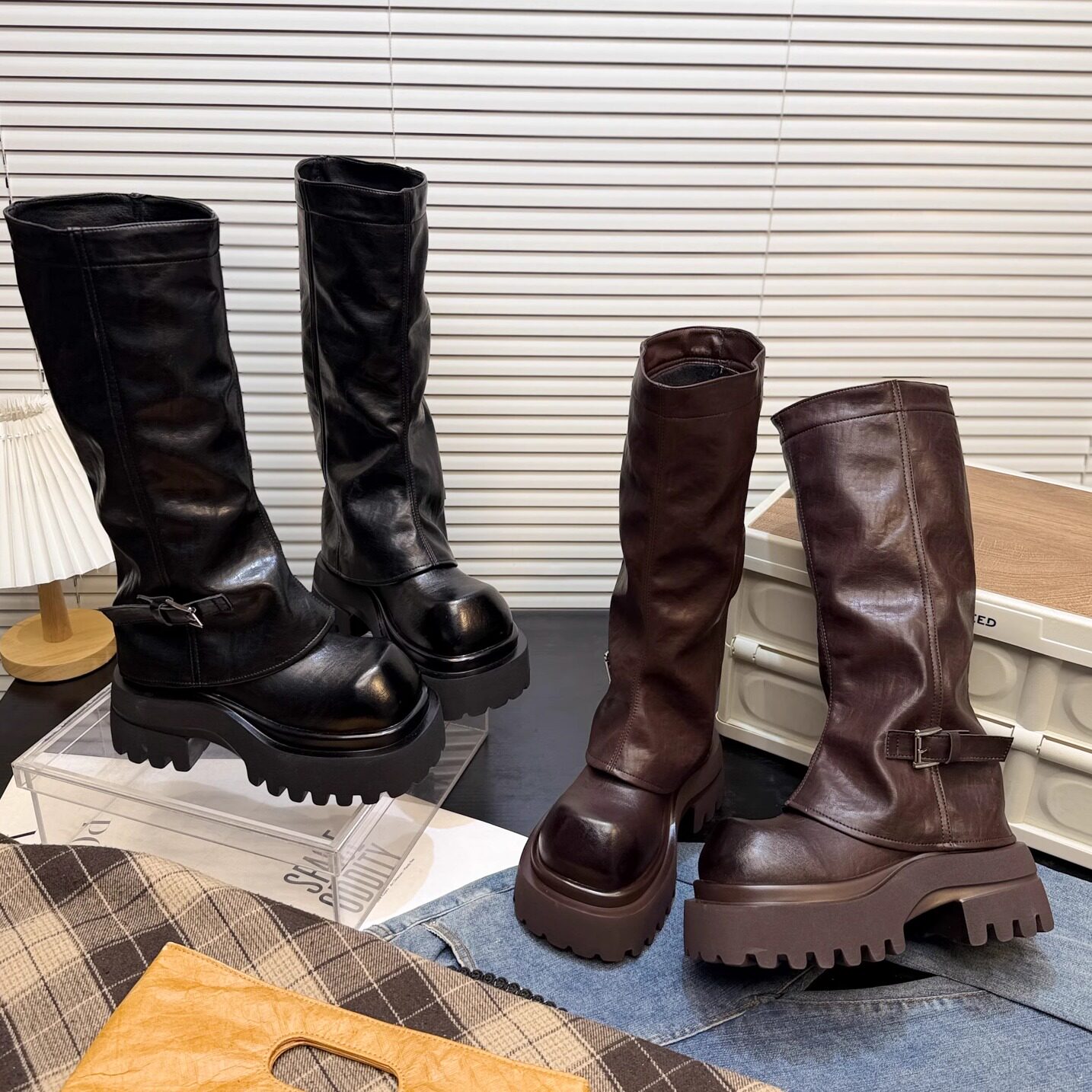 日本OFFCAT8cm小个子厚底增高筒裤管靴女机车马丁靴骑士靴时装靴