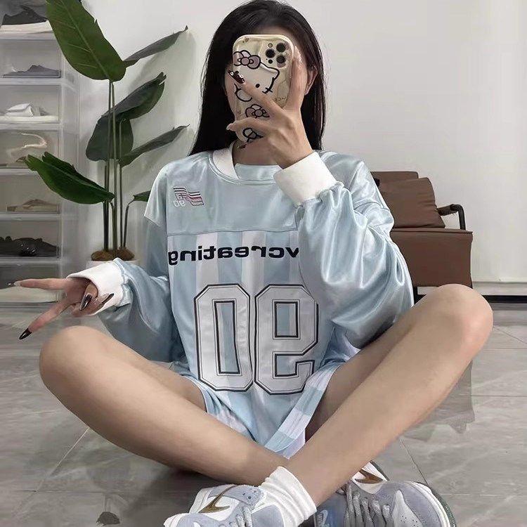 日本offcat透气网眼条纹足球服女装春秋季美式复古球衣运动长袖T