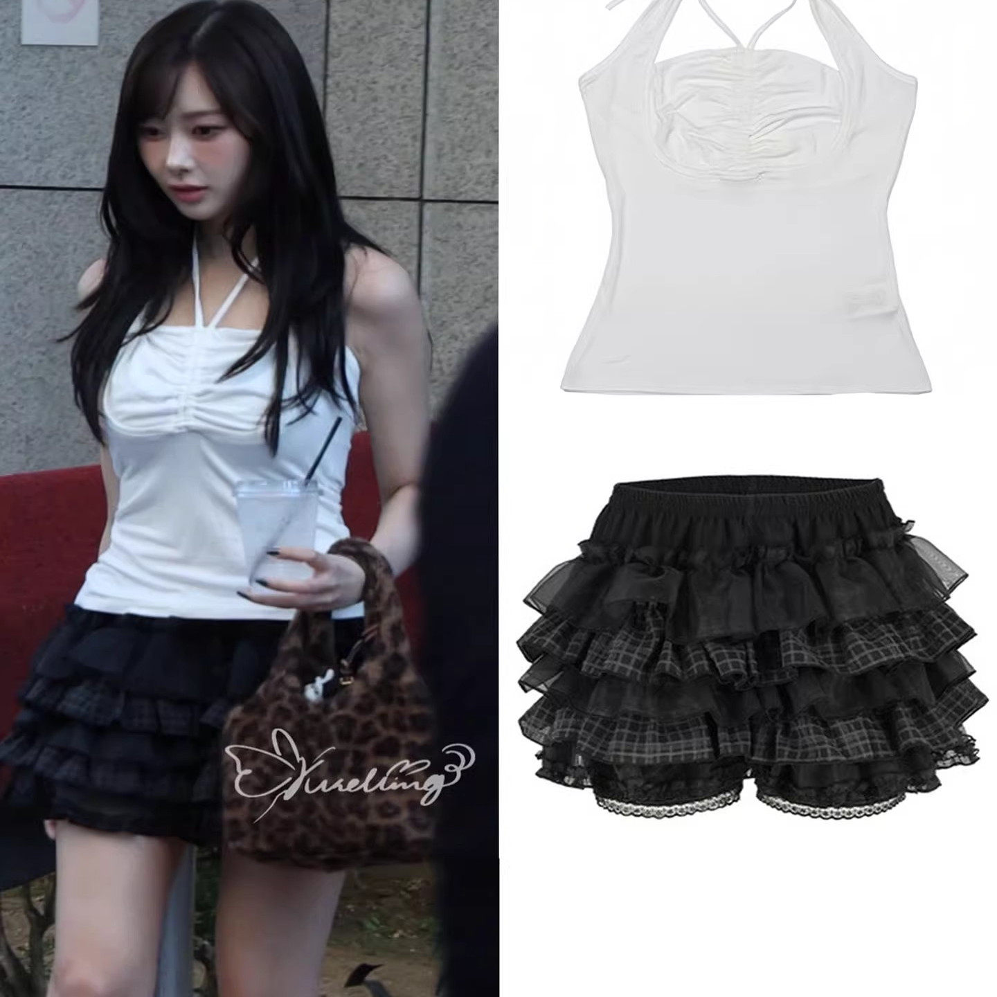 日本OFFCAT吉赛尔同款黑色蛋糕裙裤女秋季蕾丝花边层次感短款半裙