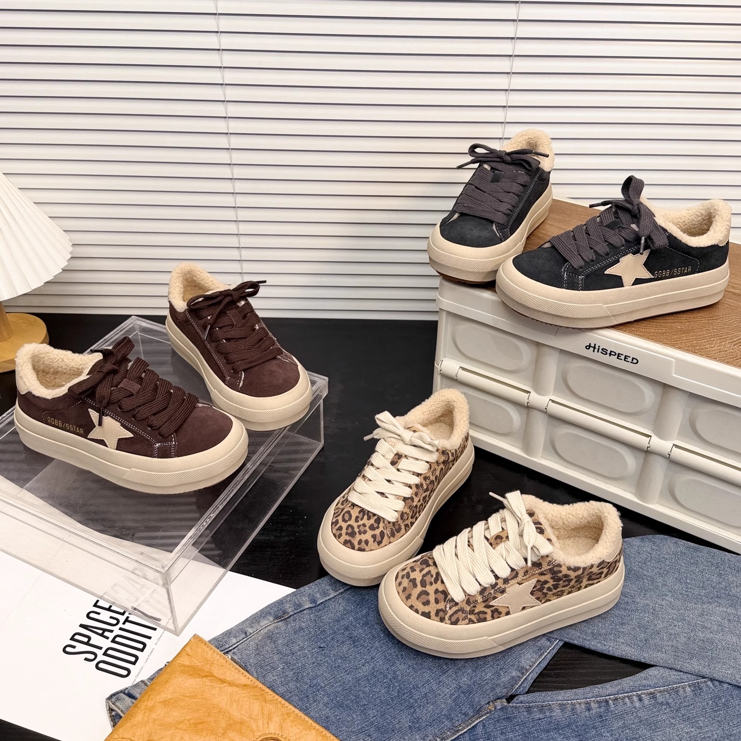 日本OFFCAT磨砂牛皮增高5cm~圆头星星系带豹纹厚底加绒休闲板鞋女