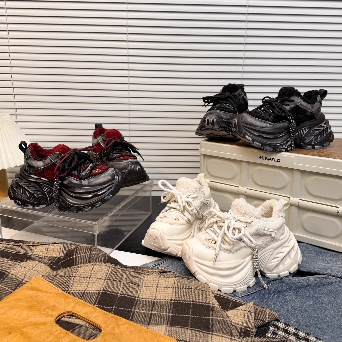 日本OFFCAT8cm真皮毛毛厚底增高老爹鞋女2025秋冬新款休闲运动鞋