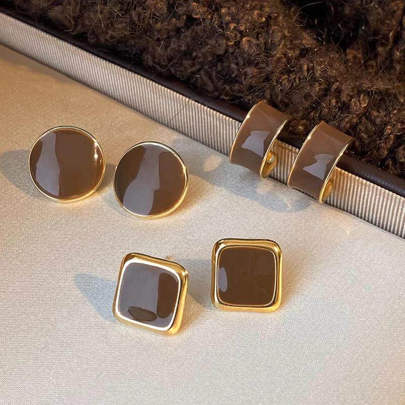 秋冬滴釉咖色耳钉2024新款