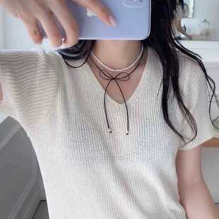 韩国东大门新款珍珠黑色缎带蝴蝶结甜美仙女气质项链锁骨链