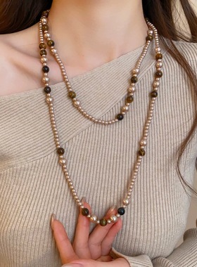 叠戴长款仿虎眼石珍珠款毛衣链