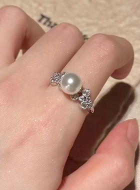 轻奢锆石珍珠戒指女开口可调节高级感气质指环2025新款小众食指戒