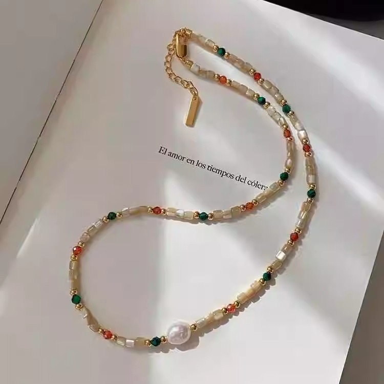 彩色天然石贝壳珍珠项链轻奢小众高级感串珠配饰叠戴多巴胺锁骨链