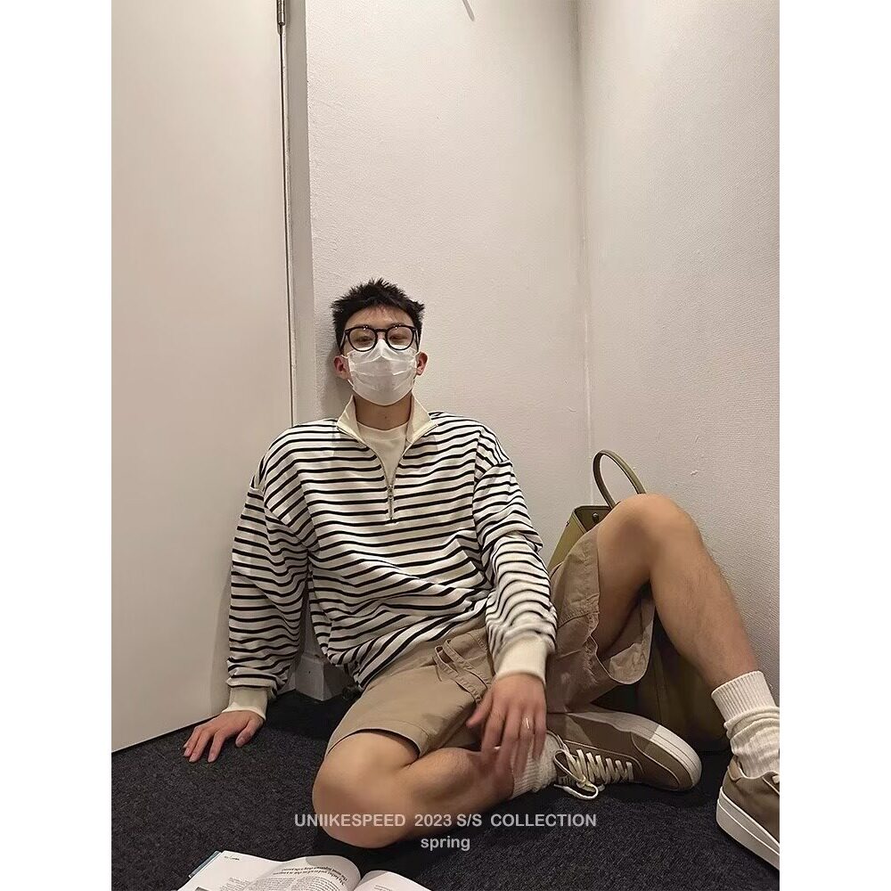 新款春秋季男士翻领半拉链Polo衫长袖条纹衫上衣外套休闲青年卫衣