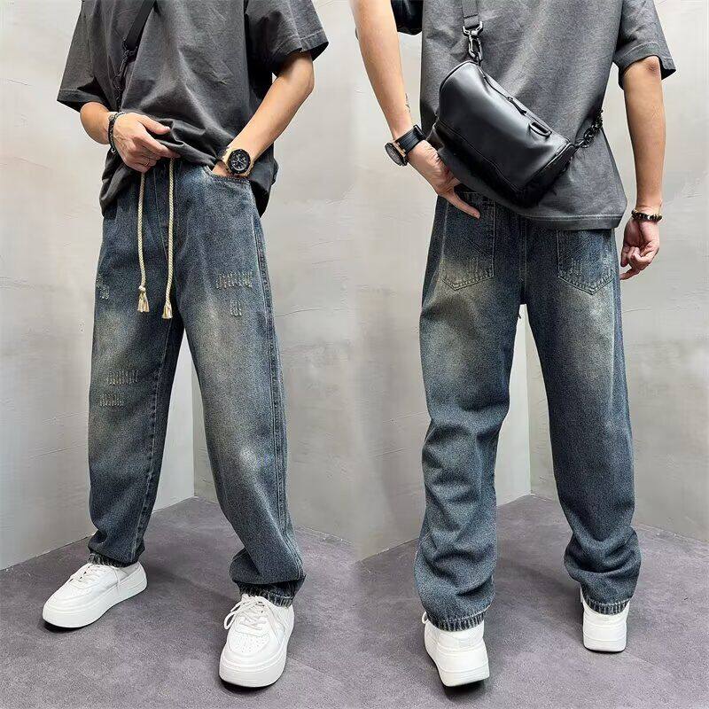 美式牛仔裤复古渐变色水洗新款裤秋冬新款阔腿裤蓝色宽松直筒裤