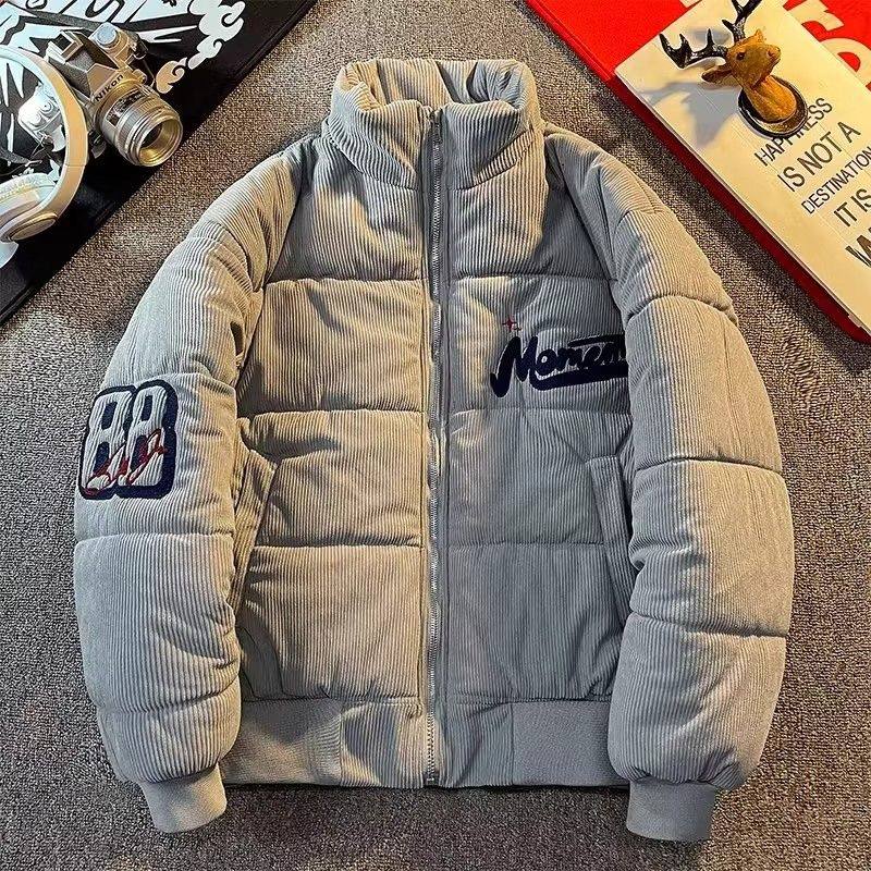 美式高街复古灯芯绒冬季刺绣立领棉服男女潮牌宽松面包服情侣外套