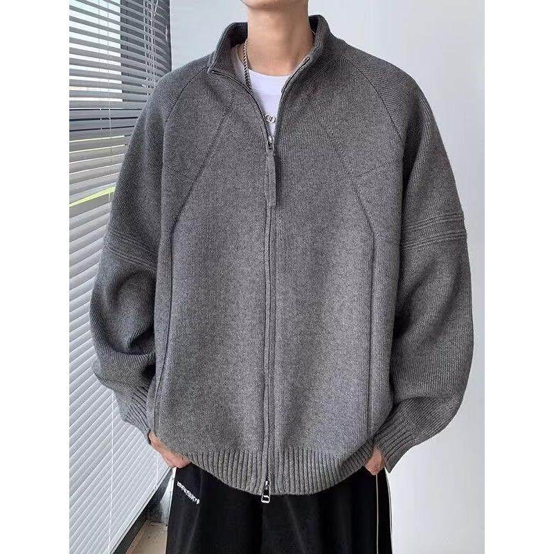 美式双拉链开衫毛衣男生休闲设计感针织外套ins立领长袖夹克上衣