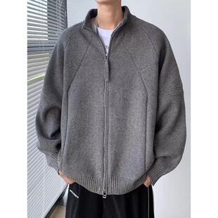 美式双拉链开衫毛衣男生休闲设计感针织外套ins立领长袖夹克上衣