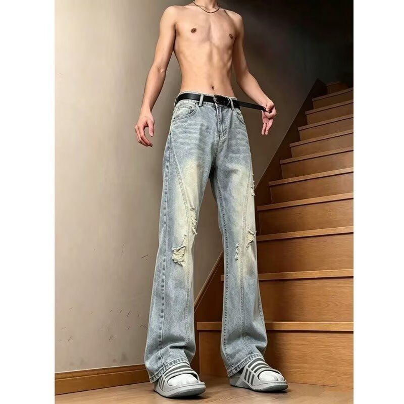 青少年水洗做旧微喇叭牛仔裤男秋冬新款加绒加厚痞帅潮牌阔腿长裤