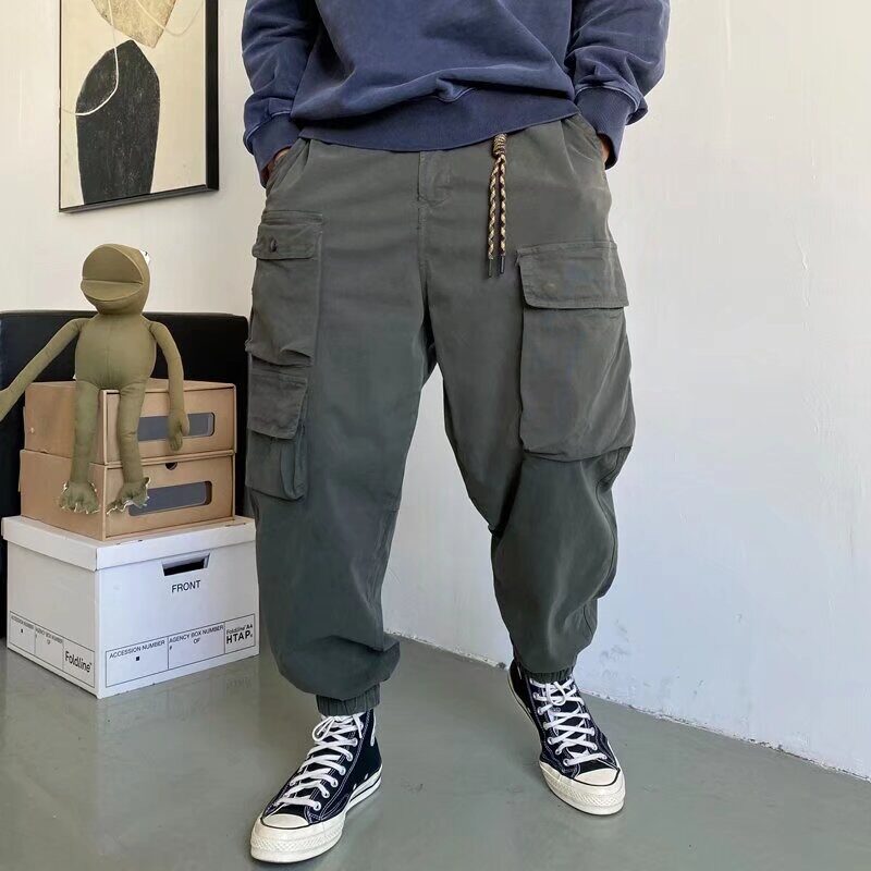 潮流男装日系复古工装束脚裤冬款加厚宽松束脚多口袋工装长裤