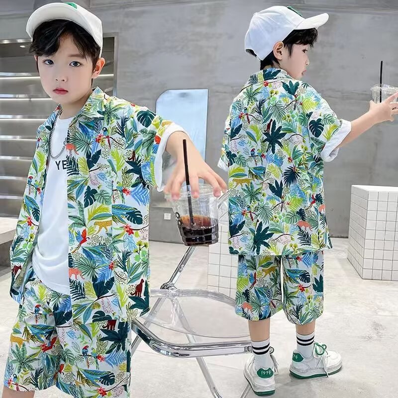 男童沙滩风夏季套装2025新款儿童清凉短袖度假衬衫中小童衬衣外贸