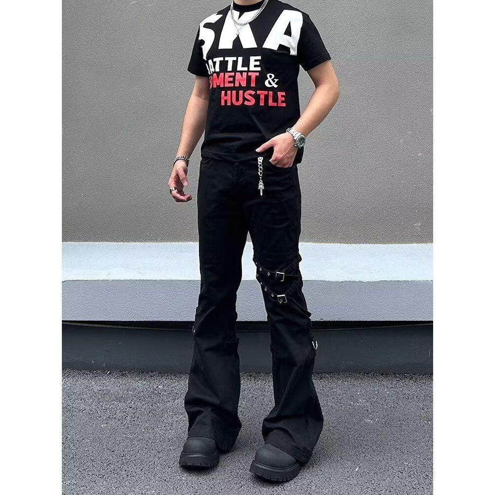 黑色绑带微喇叭牛仔裤男冬季美式高街vibe裤子窄版提档直筒工装裤