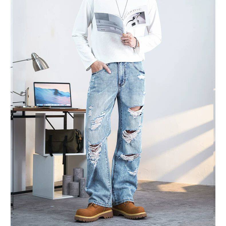 破洞牛仔裤男夏季薄款宽松直筒阔腿潮牌乞丐痞帅裤子美式高街休闲