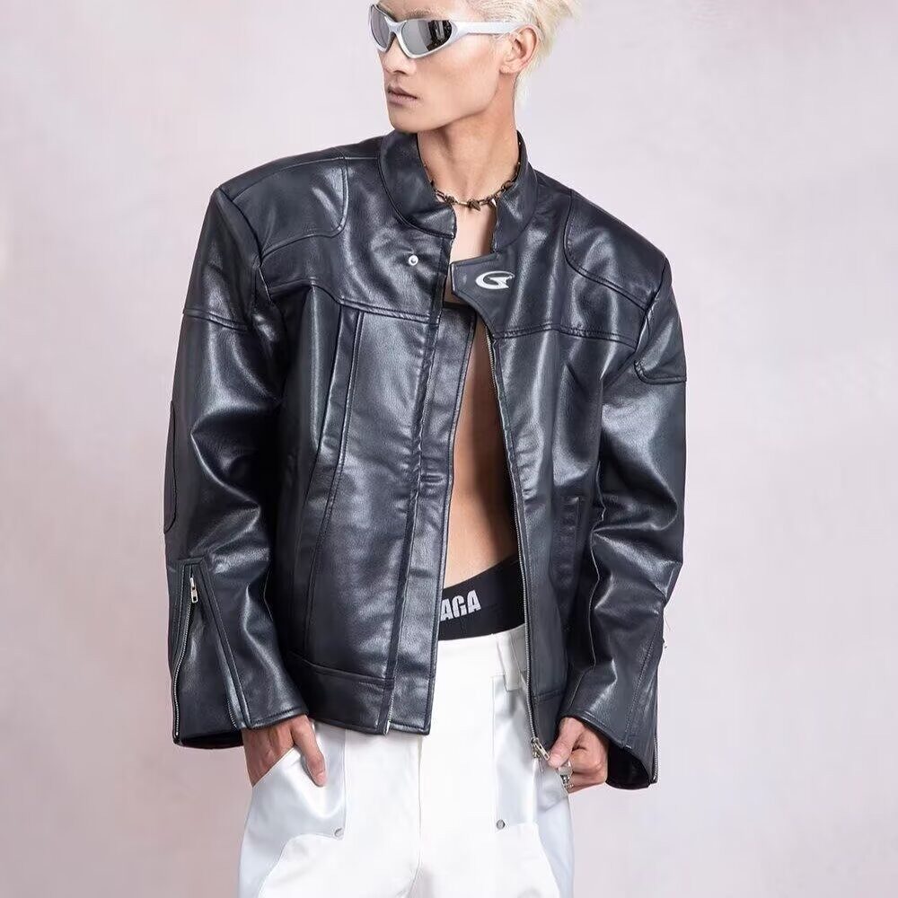 欧美街头潮流宽松机车服皮衣男潮痞帅气高级感飞行员PU皮夹克外套