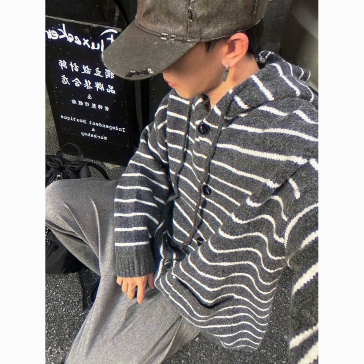 日系秋冬开衫毛衣美式复古休闲慵懒风条纹针织衫男纯色外套ins