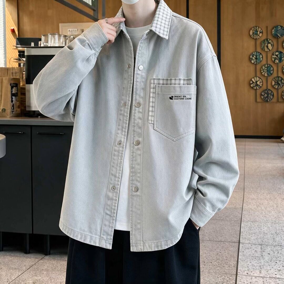 设计感潮牌外套男士春秋季高级感痞帅休闲翻领夹克男牛仔衣服