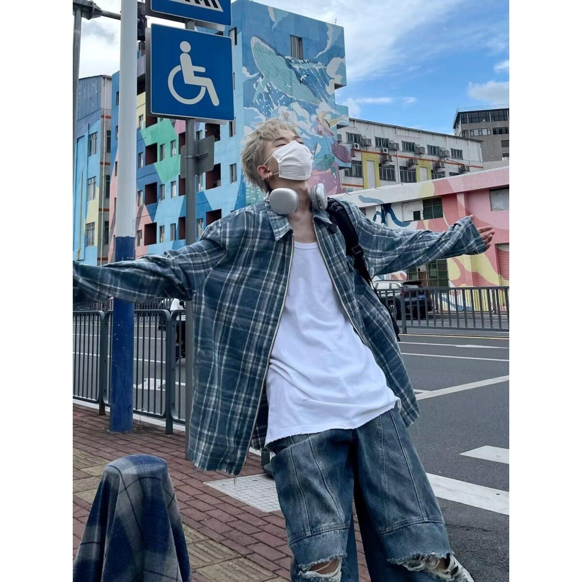 春秋格子长袖衬衫男秋季日系美式复古潮牌宽松休闲衬衣薄款外穿男