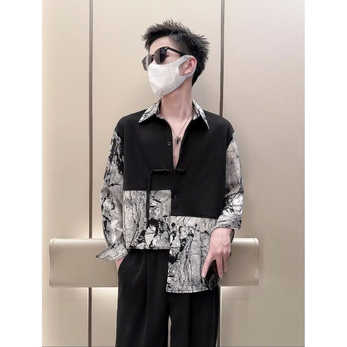 拼接男士水墨纹日常黑色口罩宽松通勤新中式墨镜高级感衬衫街拍