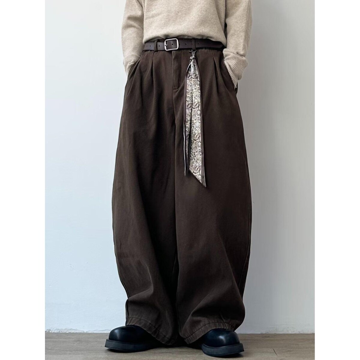 春秋日系复古宽松垂感西裤男女生国风咖啡色可拆卸腰带休闲长裤子