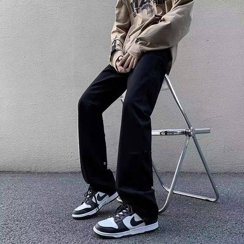 黑色高街牛仔裤男春季美式街头直筒裤潮牌ins宽松痞帅微喇叭长裤