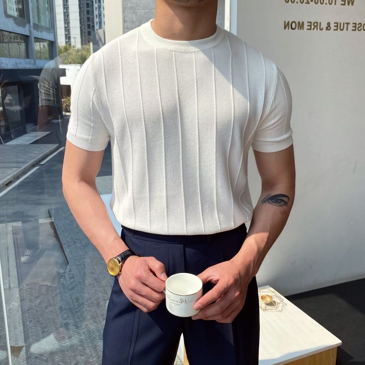 欧美丝光棉针织衫男紧身高弹力短袖卫衣小领口冰丝紧袖t恤