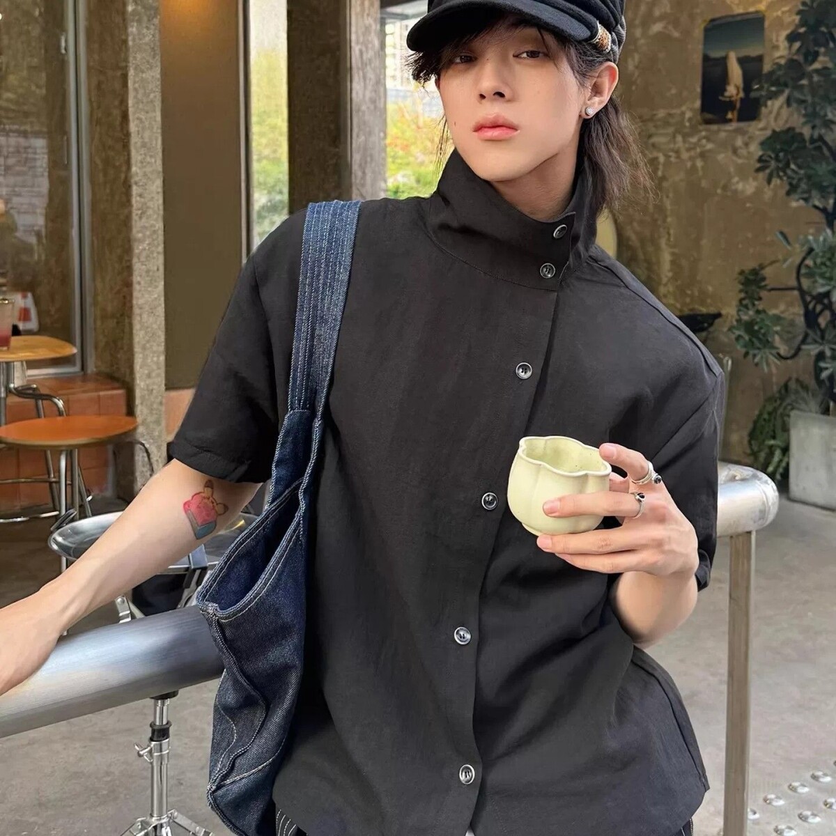 美式复古短袖衬衫女夏季设计感小众宽松立领男女款半袖衬衣上衣潮