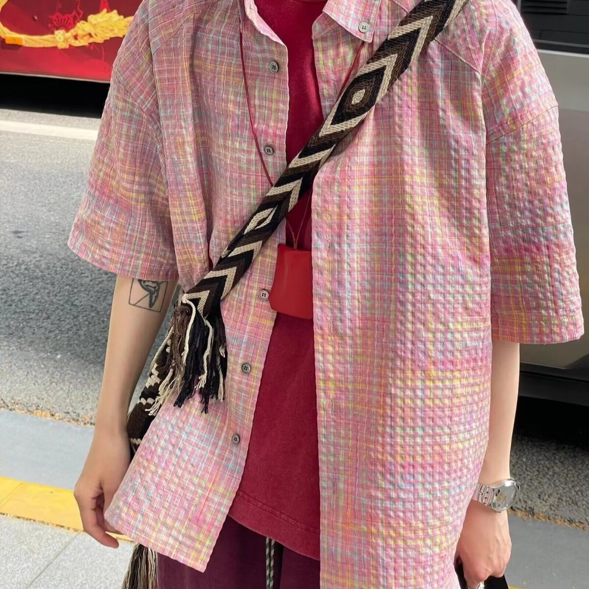cleanfit粉色格纹泡泡纱交叉育克短袖衬衫男高级感海边度假衬衣潮