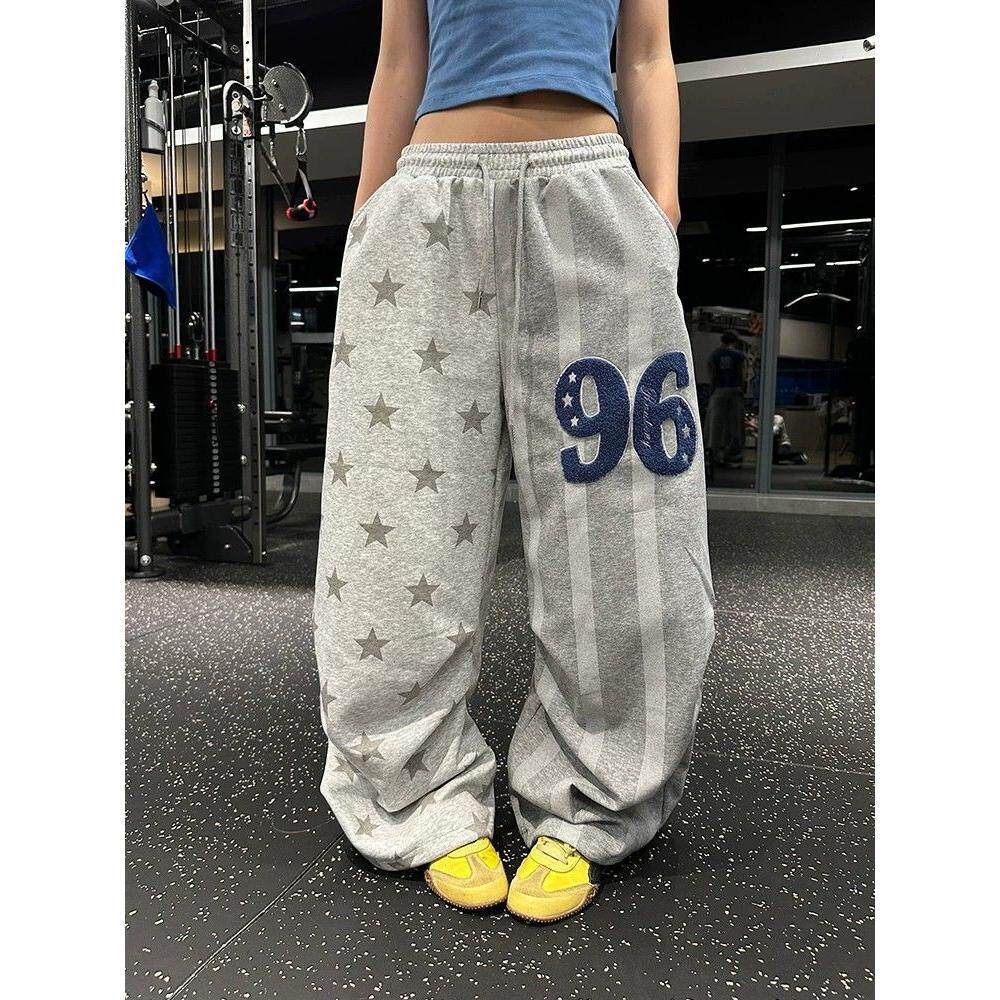 美式撞色星星拼接条纹阔腿长裤男女夏季复古慵懒风休闲弯刀卫裤