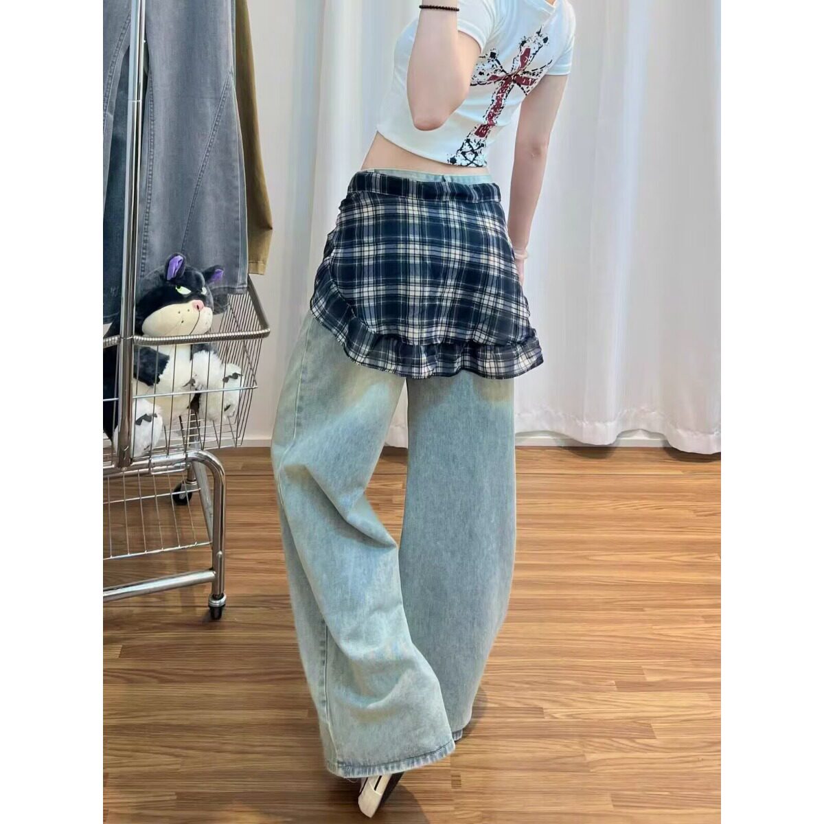 美式复古灯笼裤破洞牛仔裤女夏季辣妹高街设计感宽松垂感阔腿裤子