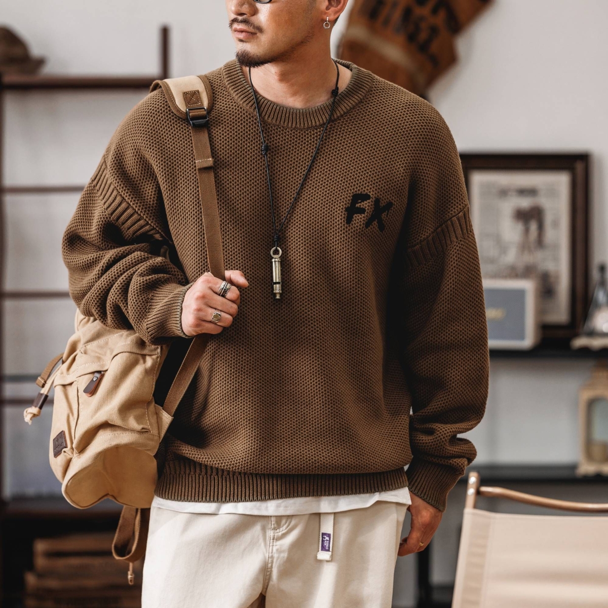 美式复古重磅毛衣男秋冬ins潮牌宽松圆领套头大码粗线针织衫上衣