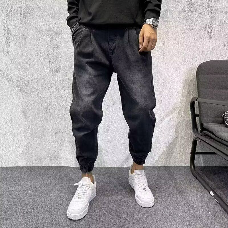 秋冬季牛仔裤男士休闲裤做旧潮流黑色修身束脚痞帅工装裤哈伦裤子