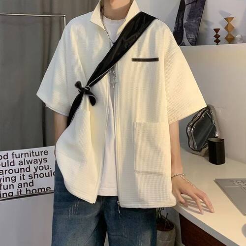 日系复古衬衫男夏装港风学生宽松小众设计感趣味新款男装上衣外穿