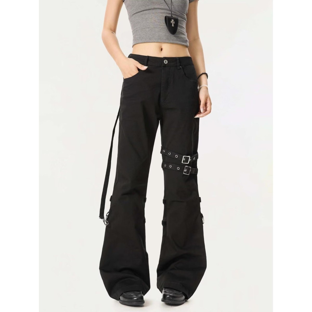 魔术贴黑色裤子男女款日系弯刀绑带牛仔裤小众设计感工装微喇长裤