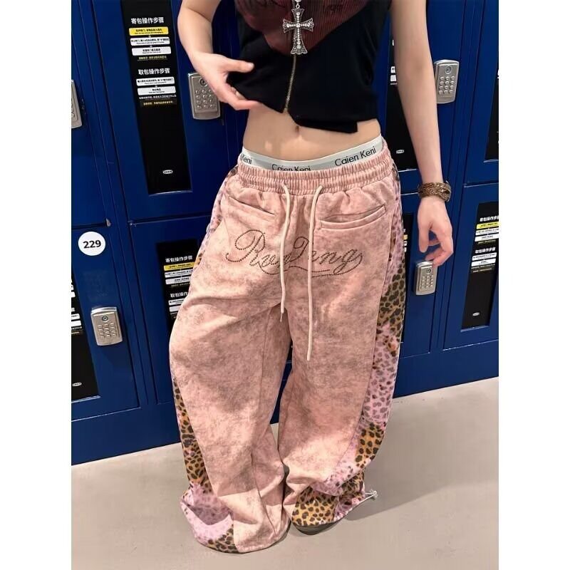 可爱女装蝴蝶刺绣宽松阔腿运动裤女厚款秋冬粉系咖色慵懒风长裤子